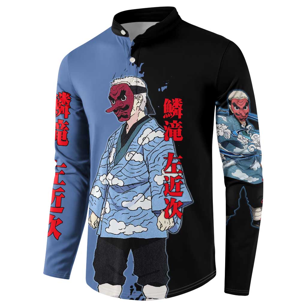 Sakonji Urokodaki from Demon Slayer Button Sweatshirt with Blue and Black Split Background and Cloud Kimono Water Style Manga Design - The Mazicc