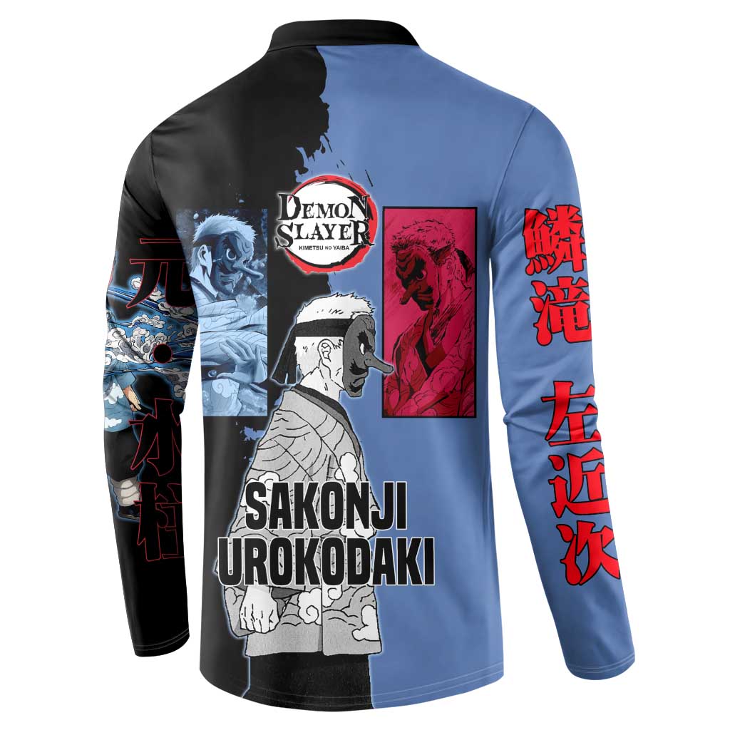 Sakonji Urokodaki from Demon Slayer Button Sweatshirt with Blue and Black Split Background and Cloud Kimono Water Style Manga Design - The Mazicc