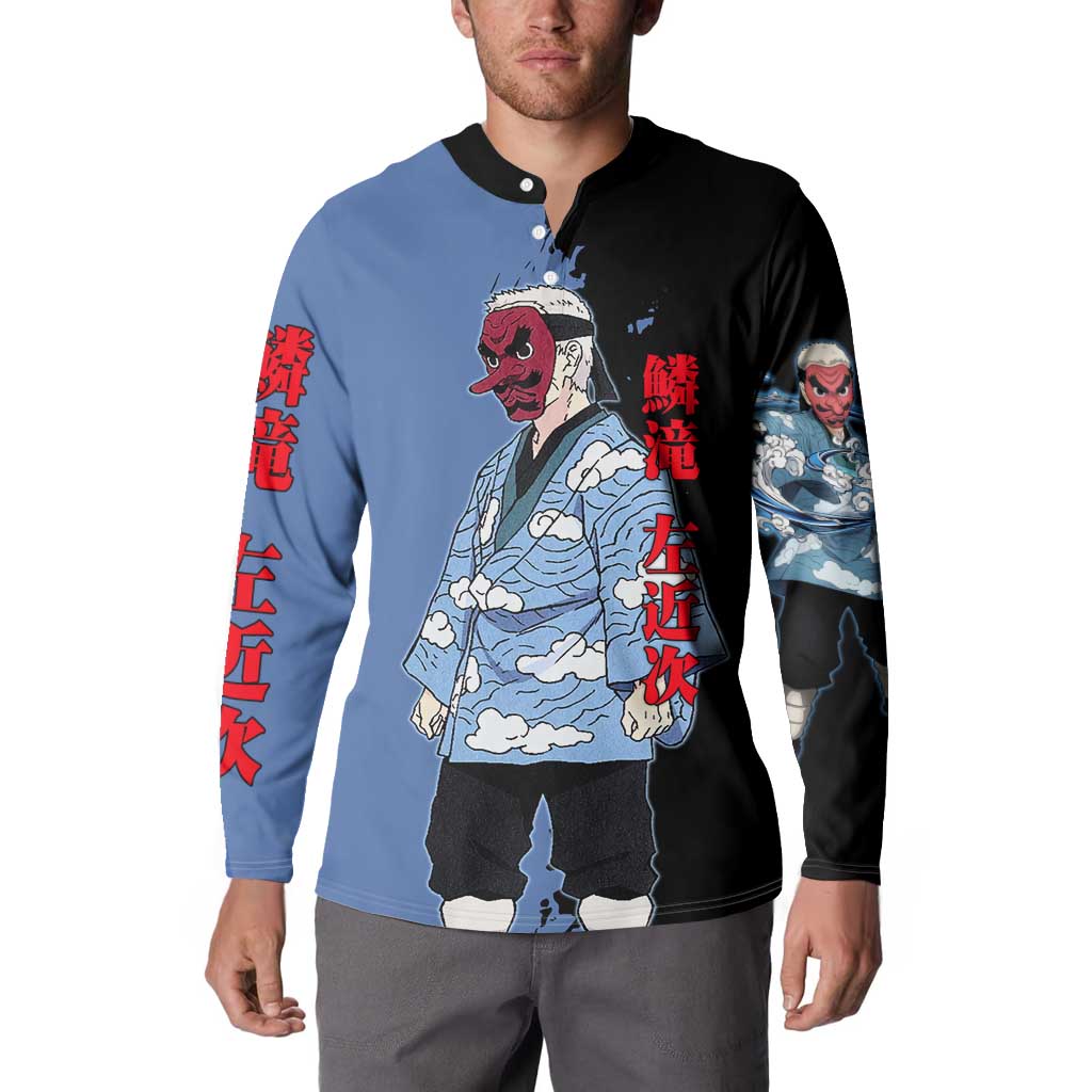 Sakonji Urokodaki from Demon Slayer Button Sweatshirt with Blue and Black Split Background and Cloud Kimono Water Style Manga Design - The Mazicc