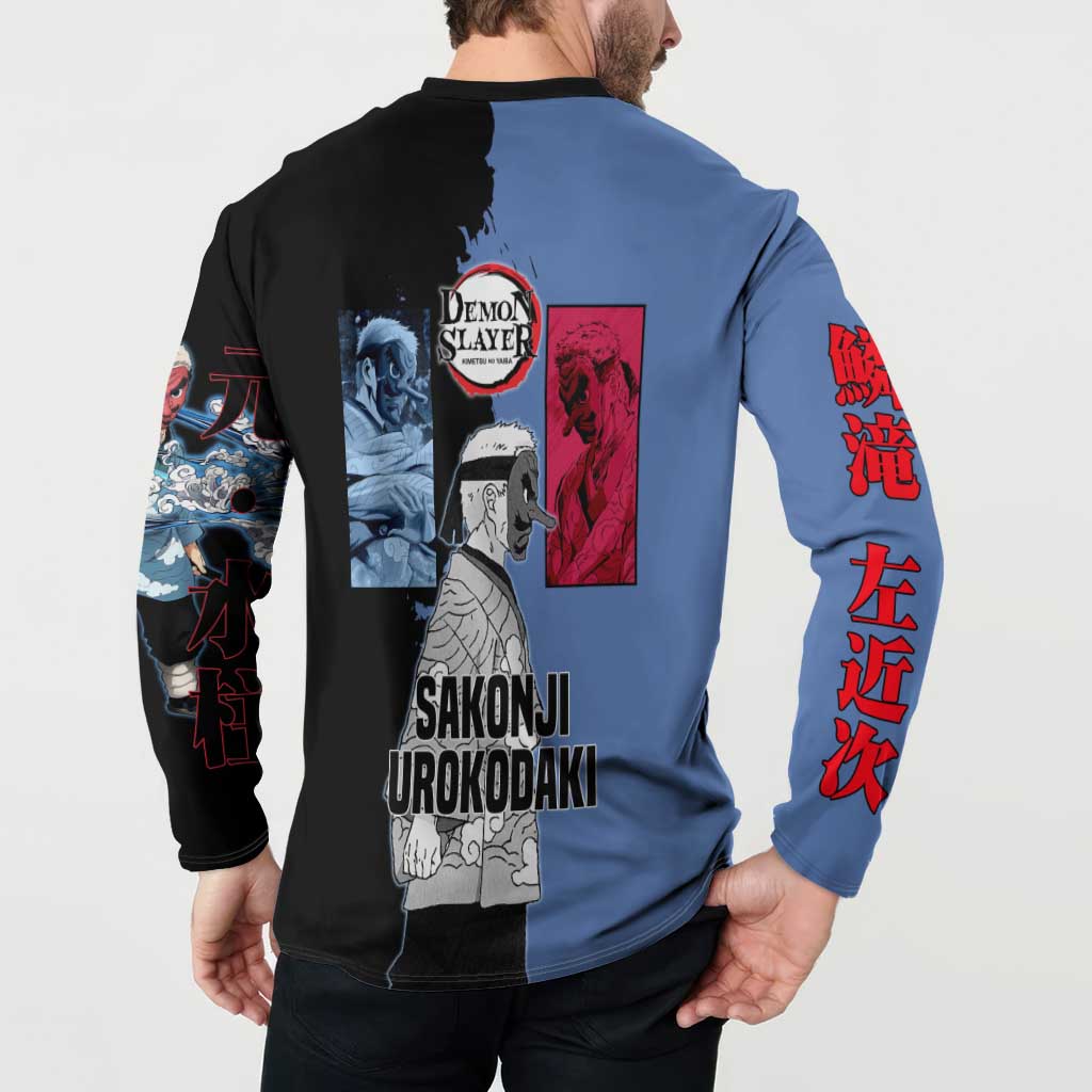 Sakonji Urokodaki from Demon Slayer Button Sweatshirt with Blue and Black Split Background and Cloud Kimono Water Style Manga Design - The Mazicc