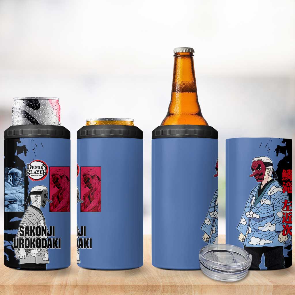 Sakonji Urokodaki from Demon Slayer 4 in 1 Can Cooler Tumbler with Blue and Black Split Background and Cloud Kimono Water Style Manga Design - The Mazicc