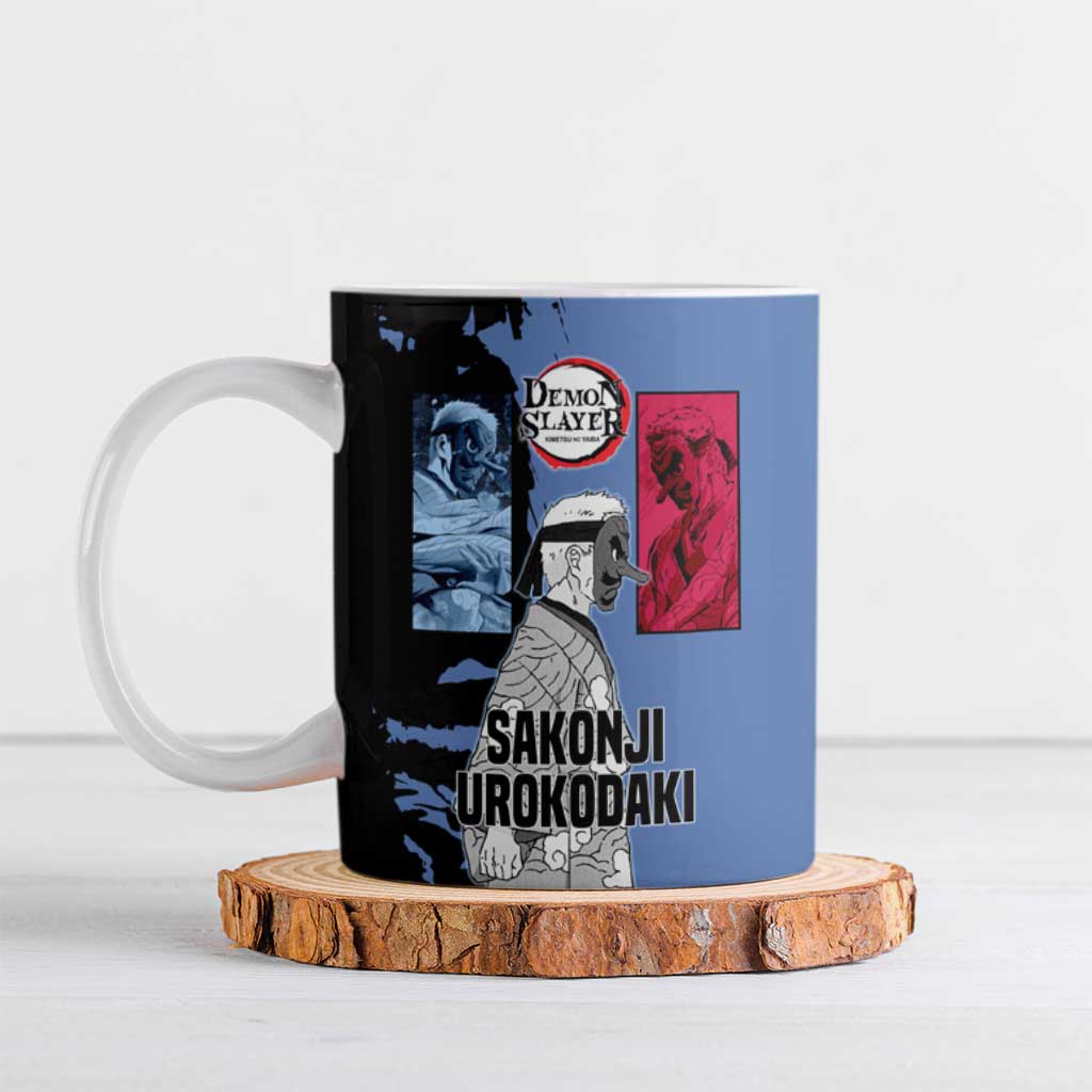 Sakonji Urokodaki from Demon Slayer Ceramic Mug with Blue and Black Split Background and Cloud Kimono Water Style Manga Design - The Mazicc