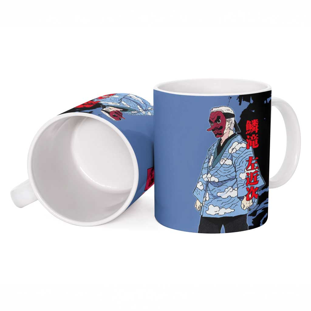 Sakonji Urokodaki from Demon Slayer Ceramic Mug with Blue and Black Split Background and Cloud Kimono Water Style Manga Design - The Mazicc
