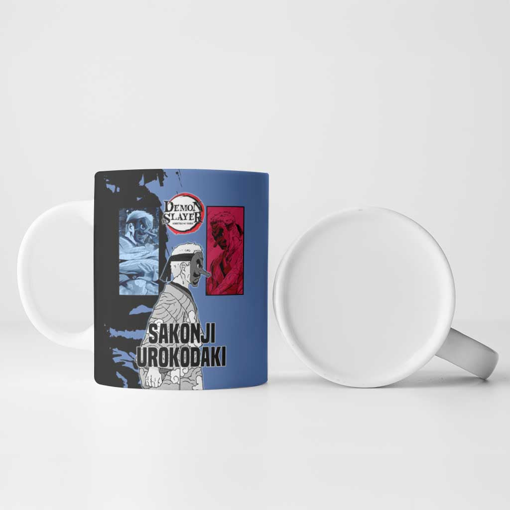 Sakonji Urokodaki from Demon Slayer Ceramic Mug with Blue and Black Split Background and Cloud Kimono Water Style Manga Design - The Mazicc