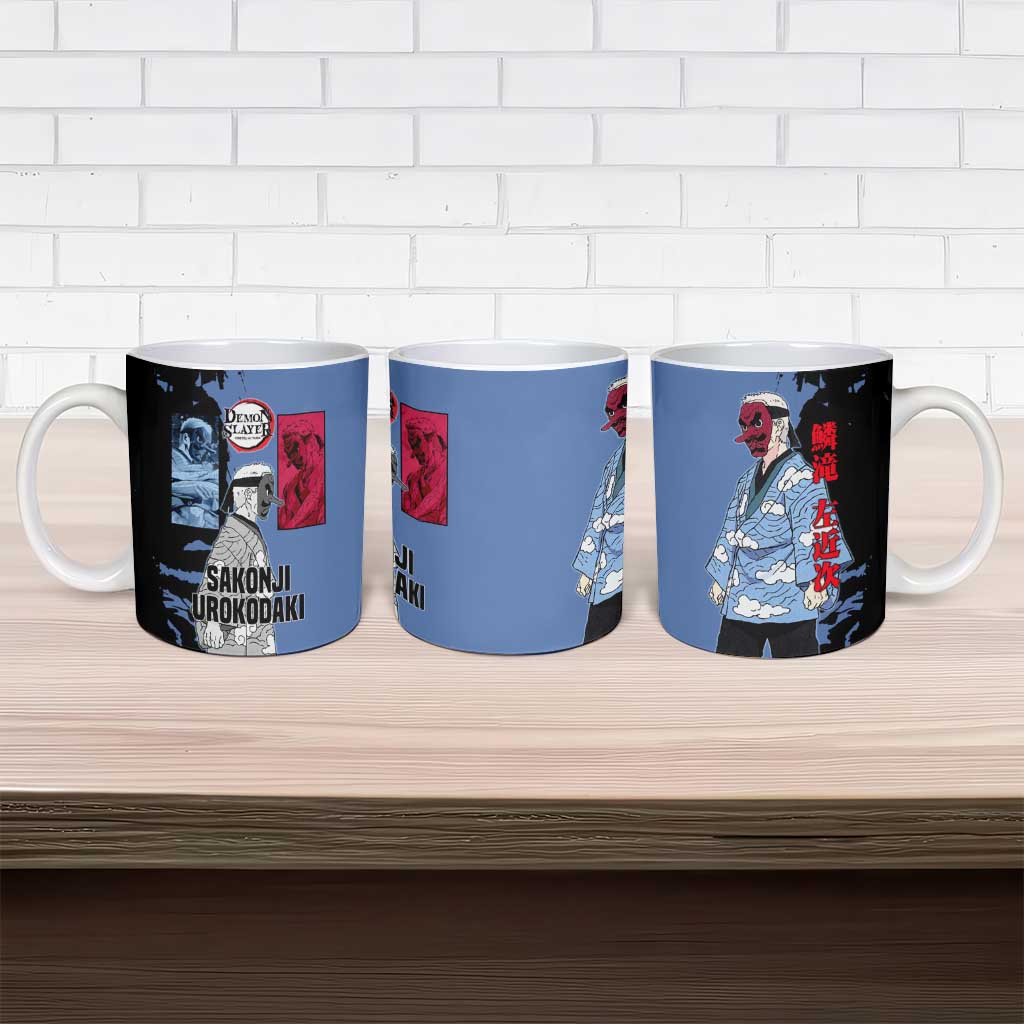 Sakonji Urokodaki from Demon Slayer Ceramic Mug with Blue and Black Split Background and Cloud Kimono Water Style Manga Design - The Mazicc