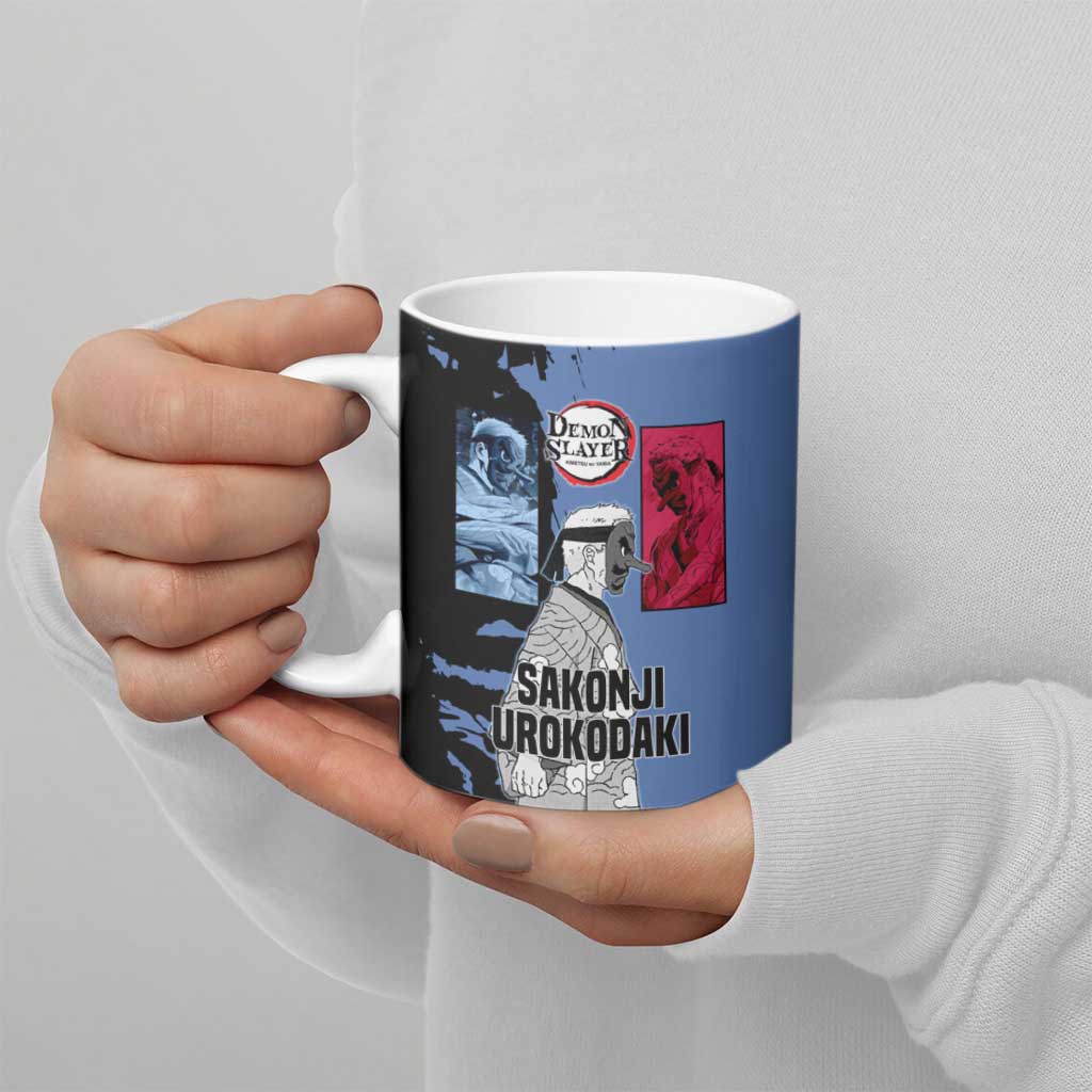 Sakonji Urokodaki from Demon Slayer Ceramic Mug with Blue and Black Split Background and Cloud Kimono Water Style Manga Design - The Mazicc