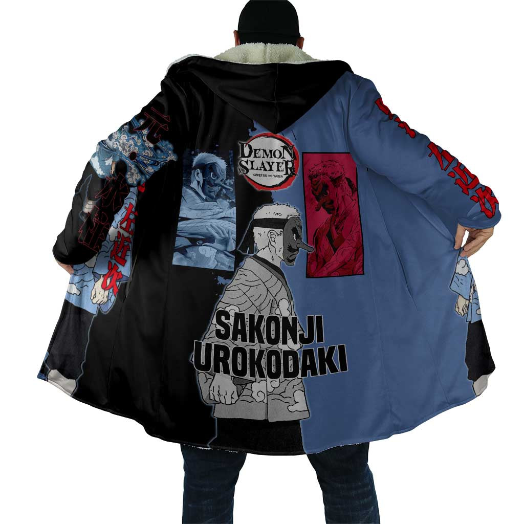 Sakonji Urokodaki from Demon Slayer Cloak with Blue and Black Split Background and Cloud Kimono Water Style Manga Design - The Mazicc