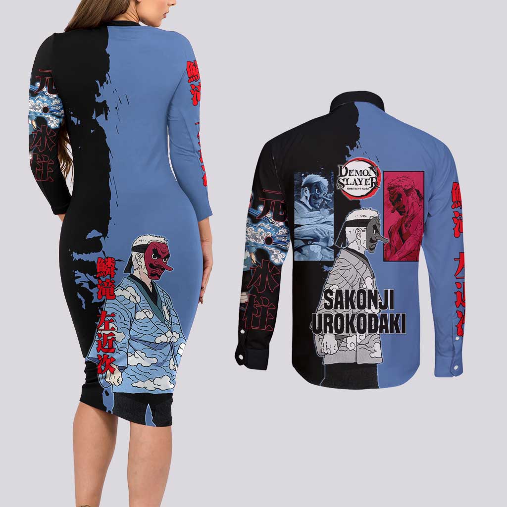 Sakonji Urokodaki from Demon Slayer Couples Matching Long Sleeve Bodycon Dress and Long Sleeve Button Shirt with Blue and Black Split Background and Cloud Kimono Water Style Manga Design - The Mazicc