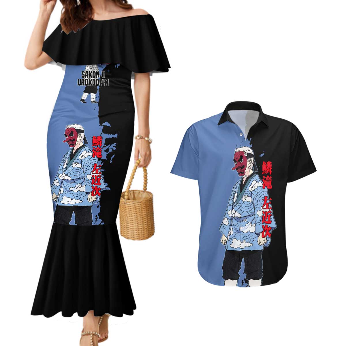 Sakonji Urokodaki from Demon Slayer Couples Matching Mermaid Dress and Hawaiian Shirt with Blue and Black Split Background and Cloud Kimono Water Style Manga Design - The Mazicc