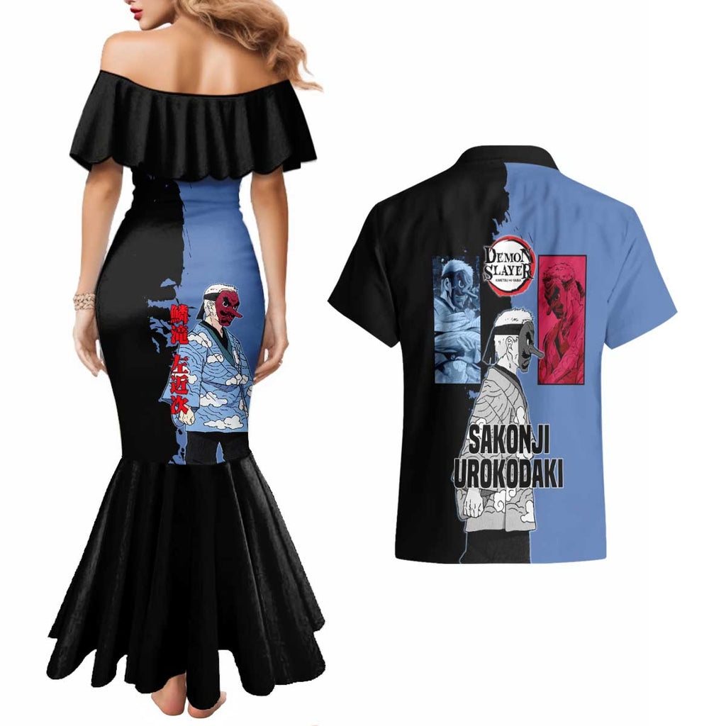 Sakonji Urokodaki from Demon Slayer Couples Matching Mermaid Dress and Hawaiian Shirt with Blue and Black Split Background and Cloud Kimono Water Style Manga Design - The Mazicc