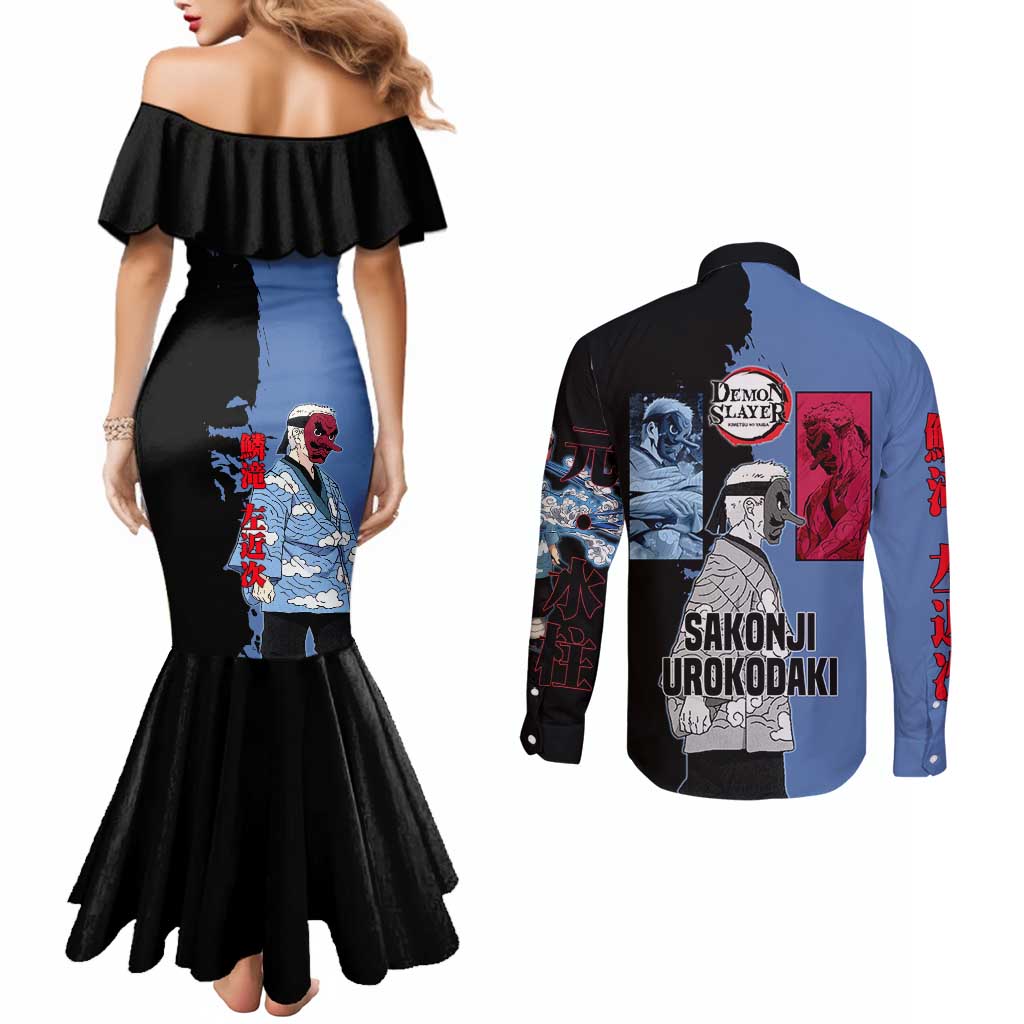 Sakonji Urokodaki from Demon Slayer Couples Matching Mermaid Dress and Long Sleeve Button Shirt with Blue and Black Split Background and Cloud Kimono Water Style Manga Design - The Mazicc