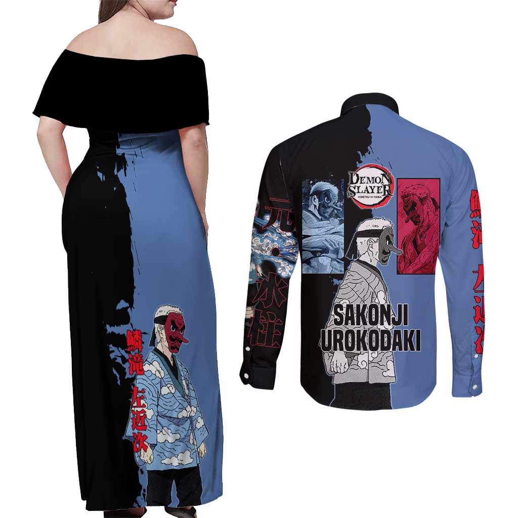 Sakonji Urokodaki from Demon Slayer Couples Matching Off Shoulder Maxi Dress and Long Sleeve Button Shirt with Blue and Black Split Background and Cloud Kimono Water Style Manga Design - The Mazicc