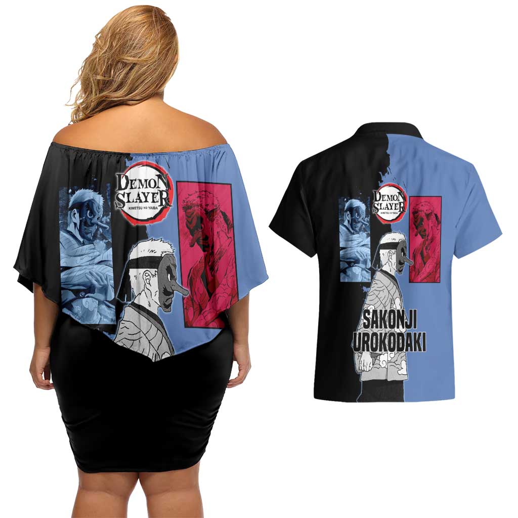 Sakonji Urokodaki from Demon Slayer Couples Matching Off Shoulder Short Dress and Hawaiian Shirt with Blue and Black Split Background and Cloud Kimono Water Style Manga Design - The Mazicc