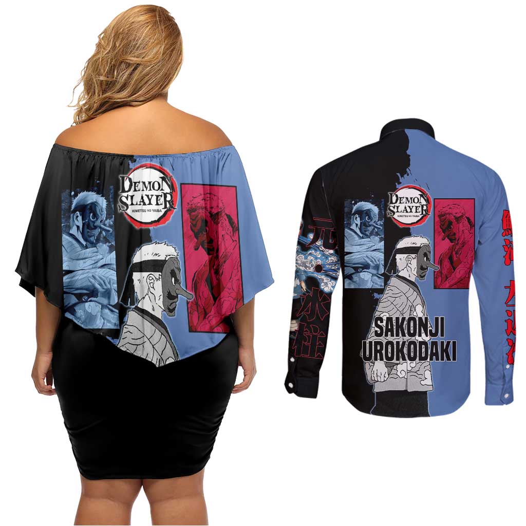 Sakonji Urokodaki from Demon Slayer Couples Matching Off Shoulder Short Dress and Long Sleeve Button Shirt with Blue and Black Split Background and Cloud Kimono Water Style Manga Design - The Mazicc