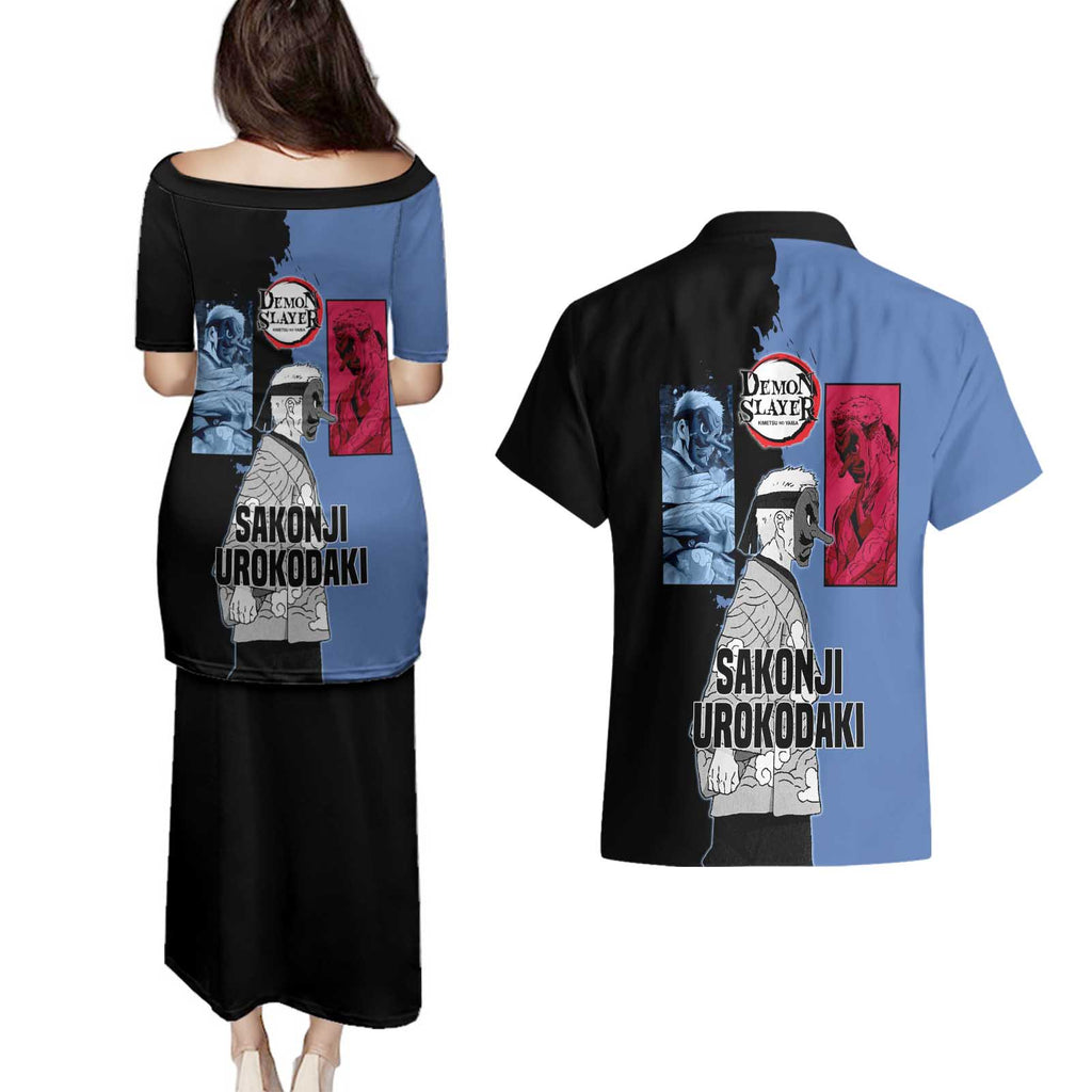 Sakonji Urokodaki from Demon Slayer Couples Matching Puletasi and Hawaiian Shirt with Blue and Black Split Background and Cloud Kimono Water Style Manga Design - The Mazicc