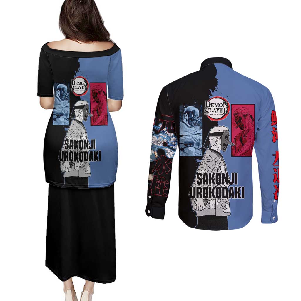 Sakonji Urokodaki from Demon Slayer Couples Matching Puletasi and Long Sleeve Button Shirt with Blue and Black Split Background and Cloud Kimono Water Style Manga Design - The Mazicc
