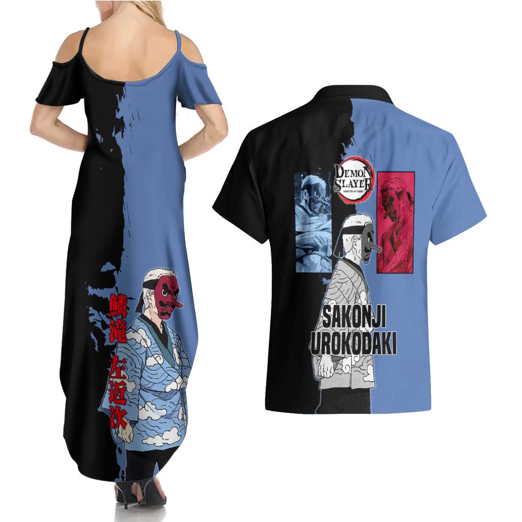 Sakonji Urokodaki from Demon Slayer Couples Matching Summer Maxi Dress and Hawaiian Shirt with Blue and Black Split Background and Cloud Kimono Water Style Manga Design - The Mazicc