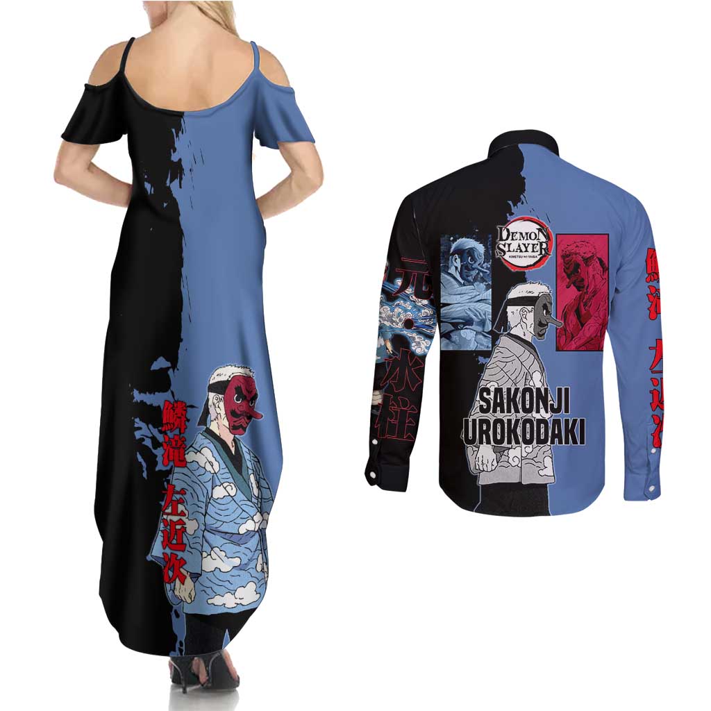 Sakonji Urokodaki from Demon Slayer Couples Matching Summer Maxi Dress and Long Sleeve Button Shirt with Blue and Black Split Background and Cloud Kimono Water Style Manga Design - The Mazicc