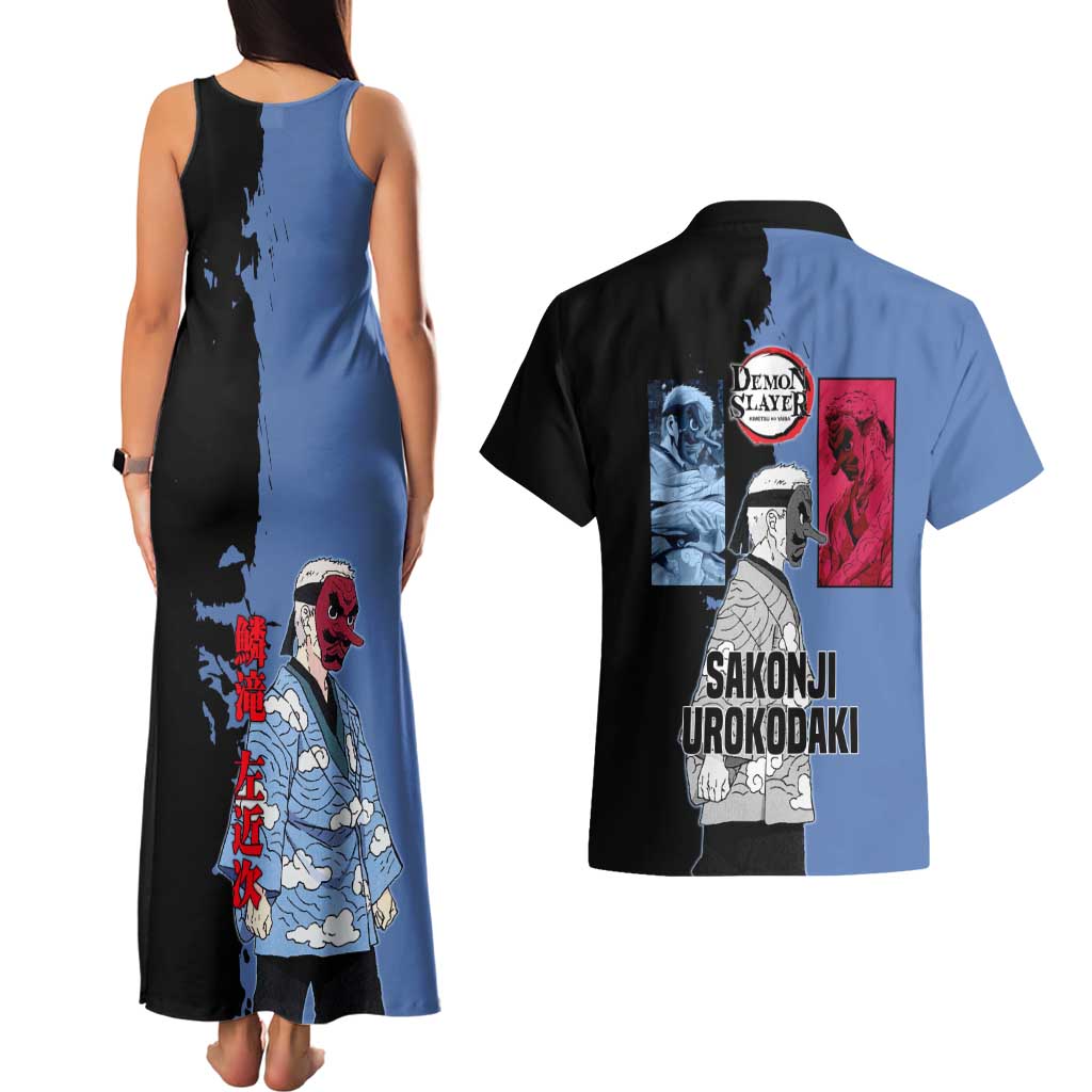 Sakonji Urokodaki from Demon Slayer Couples Matching Tank Maxi Dress and Hawaiian Shirt with Blue and Black Split Background and Cloud Kimono Water Style Manga Design - The Mazicc