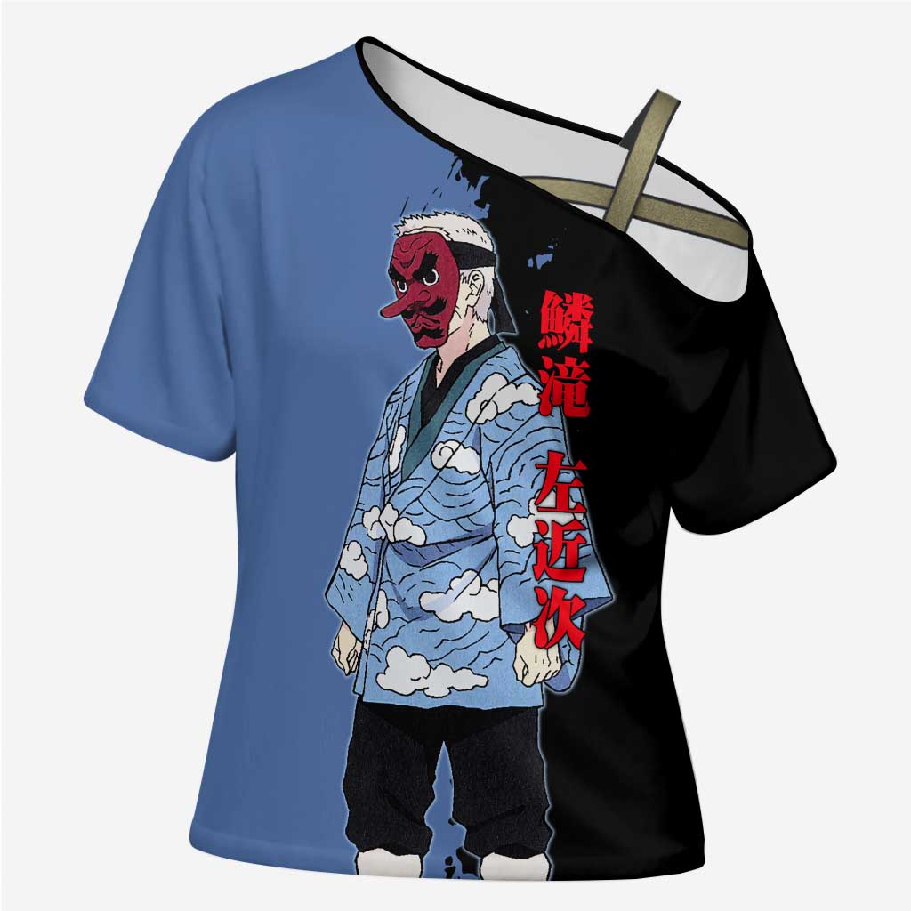 Sakonji Urokodaki from Demon Slayer Cross Shoulder Shirt with Blue and Black Split Background and Cloud Kimono Water Style Manga Design - The Mazicc