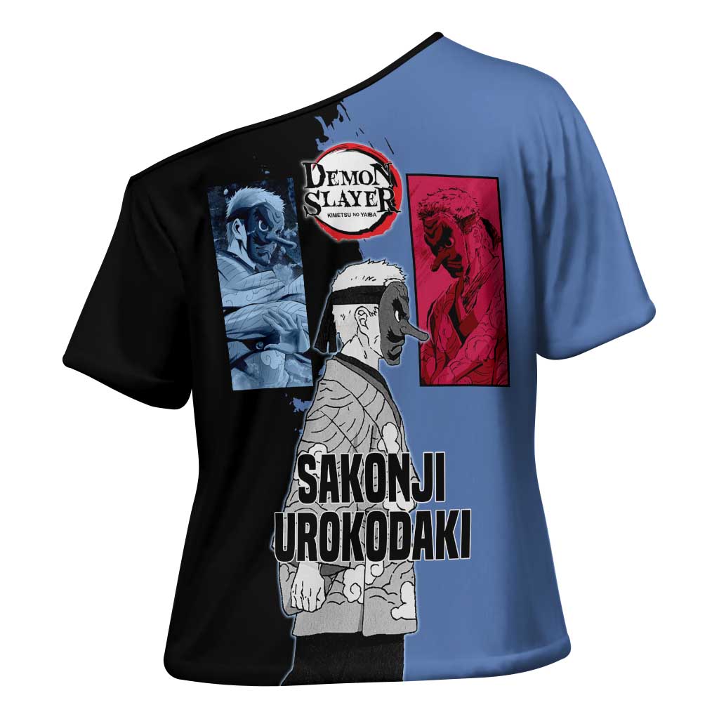 Sakonji Urokodaki from Demon Slayer Cross Shoulder Shirt with Blue and Black Split Background and Cloud Kimono Water Style Manga Design - The Mazicc