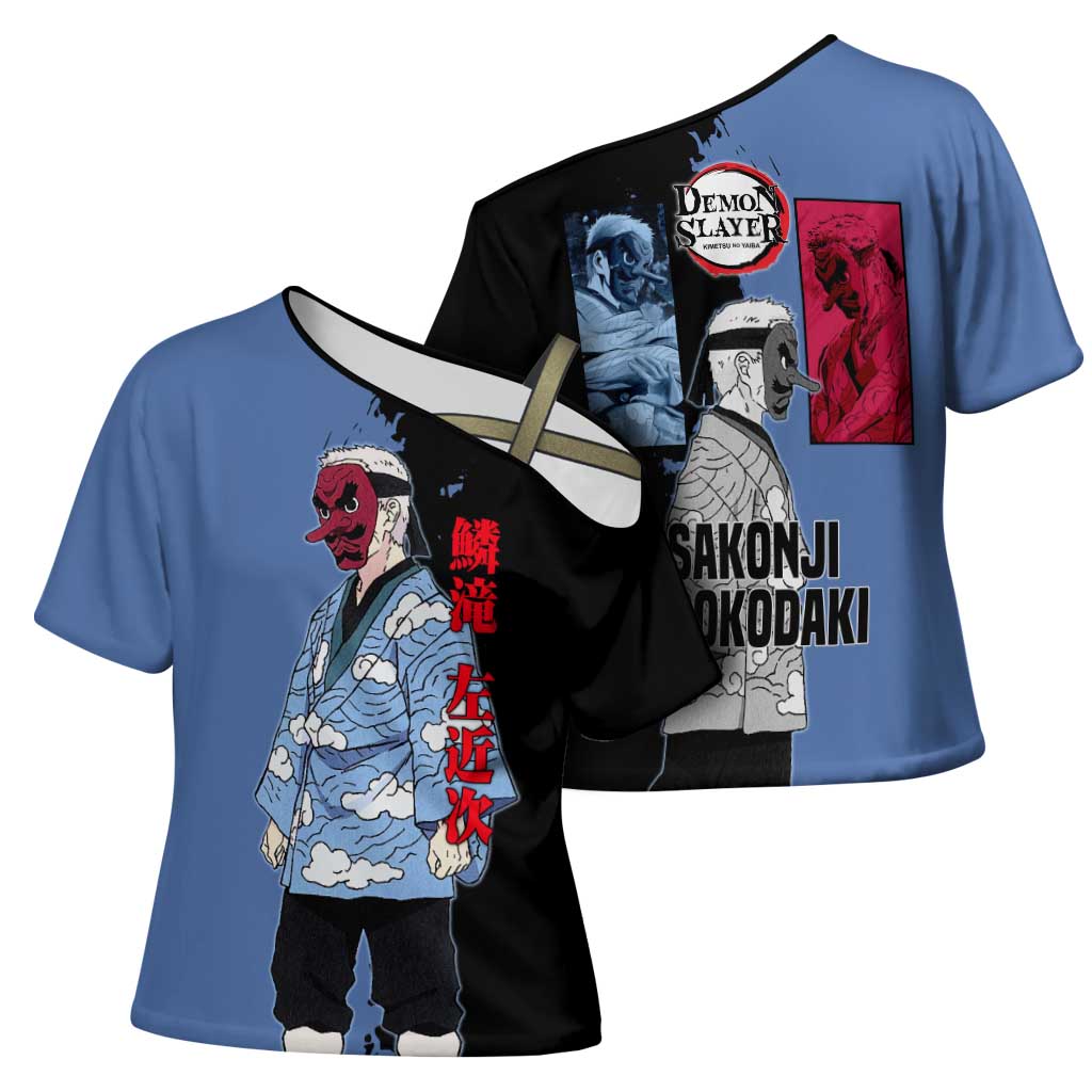 Sakonji Urokodaki from Demon Slayer Cross Shoulder Shirt with Blue and Black Split Background and Cloud Kimono Water Style Manga Design - The Mazicc