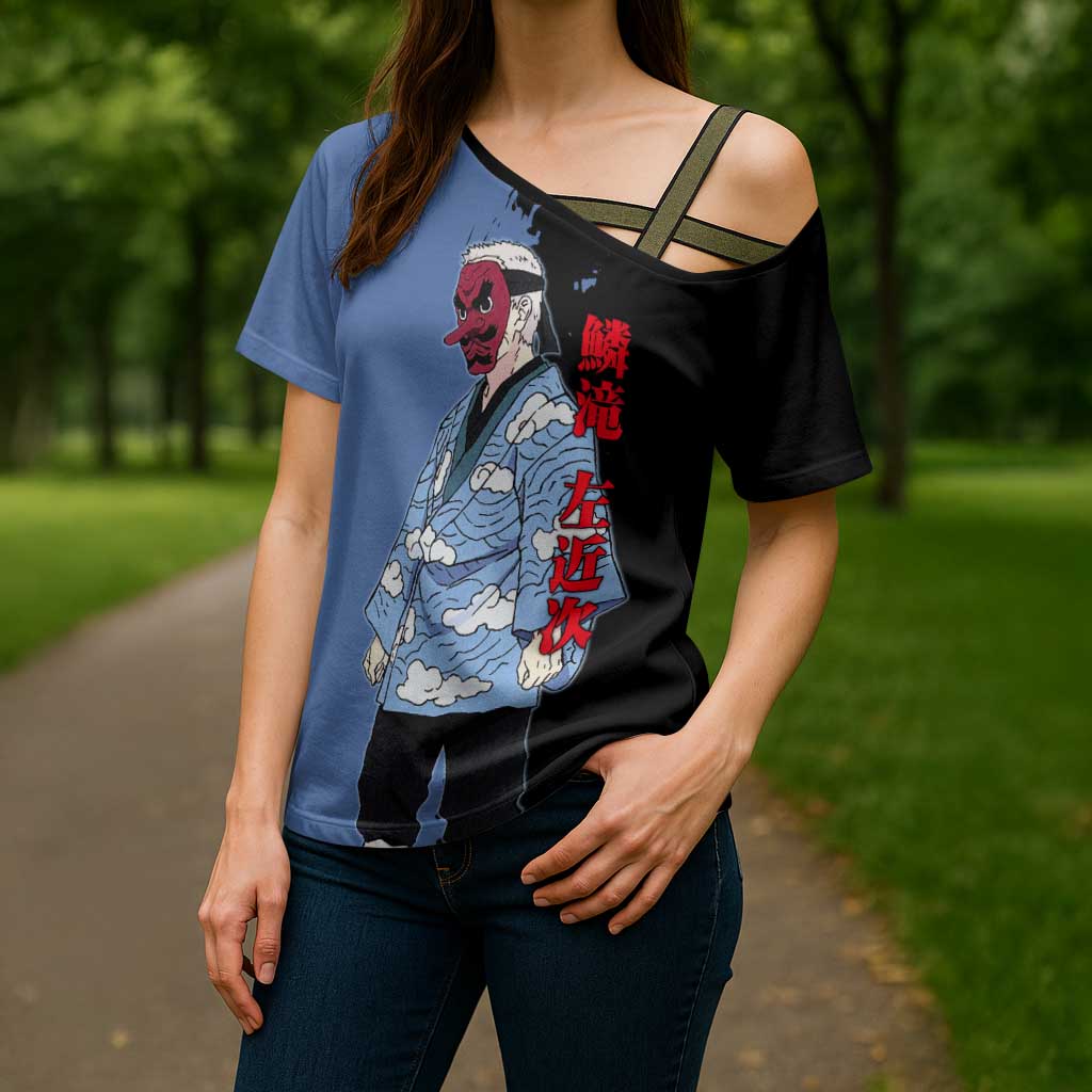 Sakonji Urokodaki from Demon Slayer Cross Shoulder Shirt with Blue and Black Split Background and Cloud Kimono Water Style Manga Design - The Mazicc