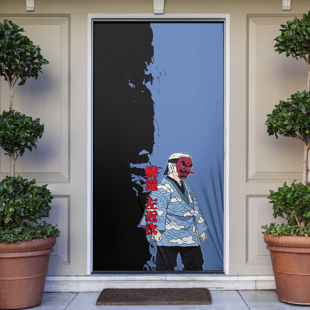 Sakonji Urokodaki from Demon Slayer Door Cover with Blue and Black Split Background and Cloud Kimono Water Style Manga Design - The Mazicc