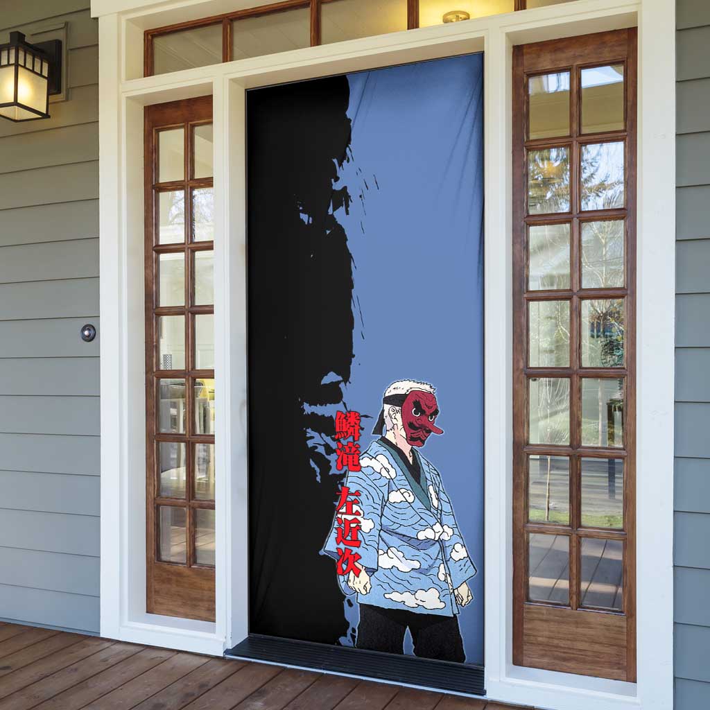 Sakonji Urokodaki from Demon Slayer Door Cover with Blue and Black Split Background and Cloud Kimono Water Style Manga Design - The Mazicc