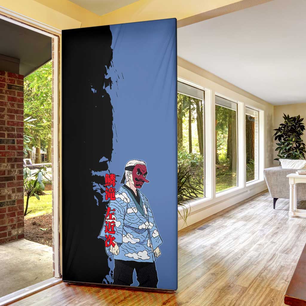 Sakonji Urokodaki from Demon Slayer Door Cover with Blue and Black Split Background and Cloud Kimono Water Style Manga Design - The Mazicc