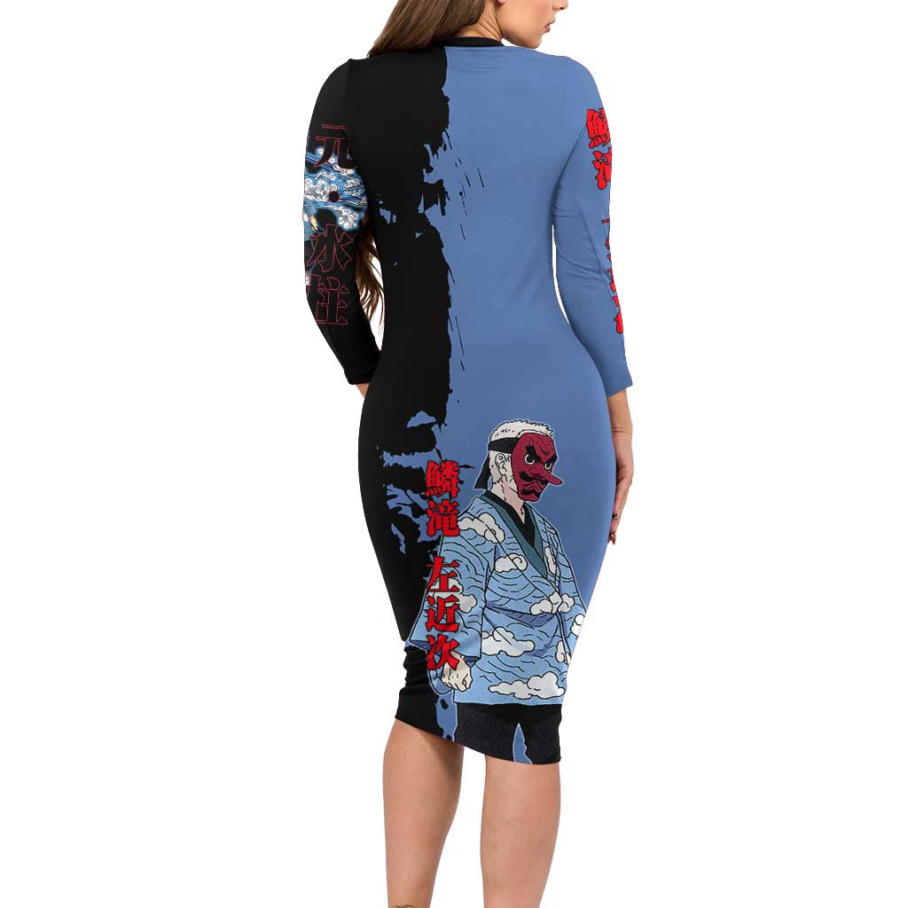 Sakonji Urokodaki from Demon Slayer Family Matching Long Sleeve Bodycon Dress and Hawaiian Shirt with Blue and Black Split Background and Cloud Kimono Water Style Manga Design - The Mazicc