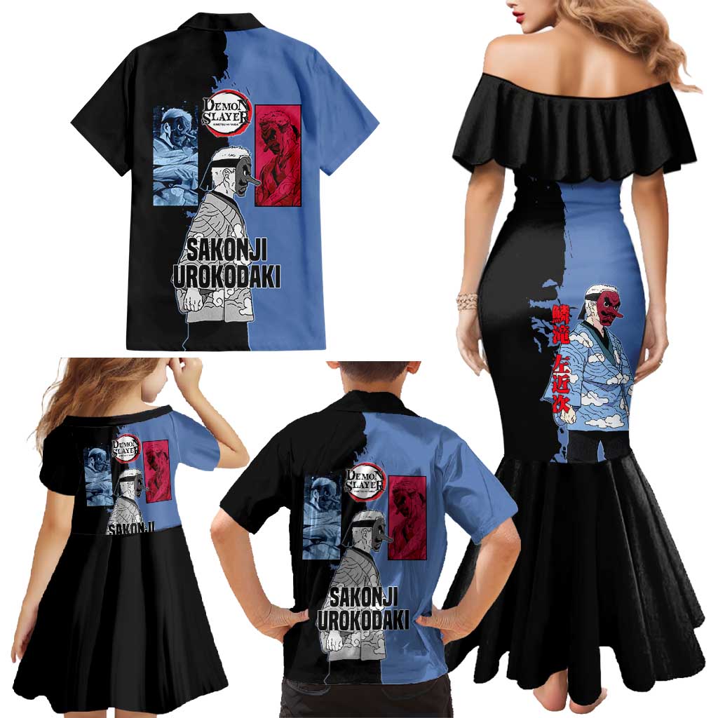 Sakonji Urokodaki from Demon Slayer Family Matching Mermaid Dress and Hawaiian Shirt with Blue and Black Split Background and Cloud Kimono Water Style Manga Design - The Mazicc