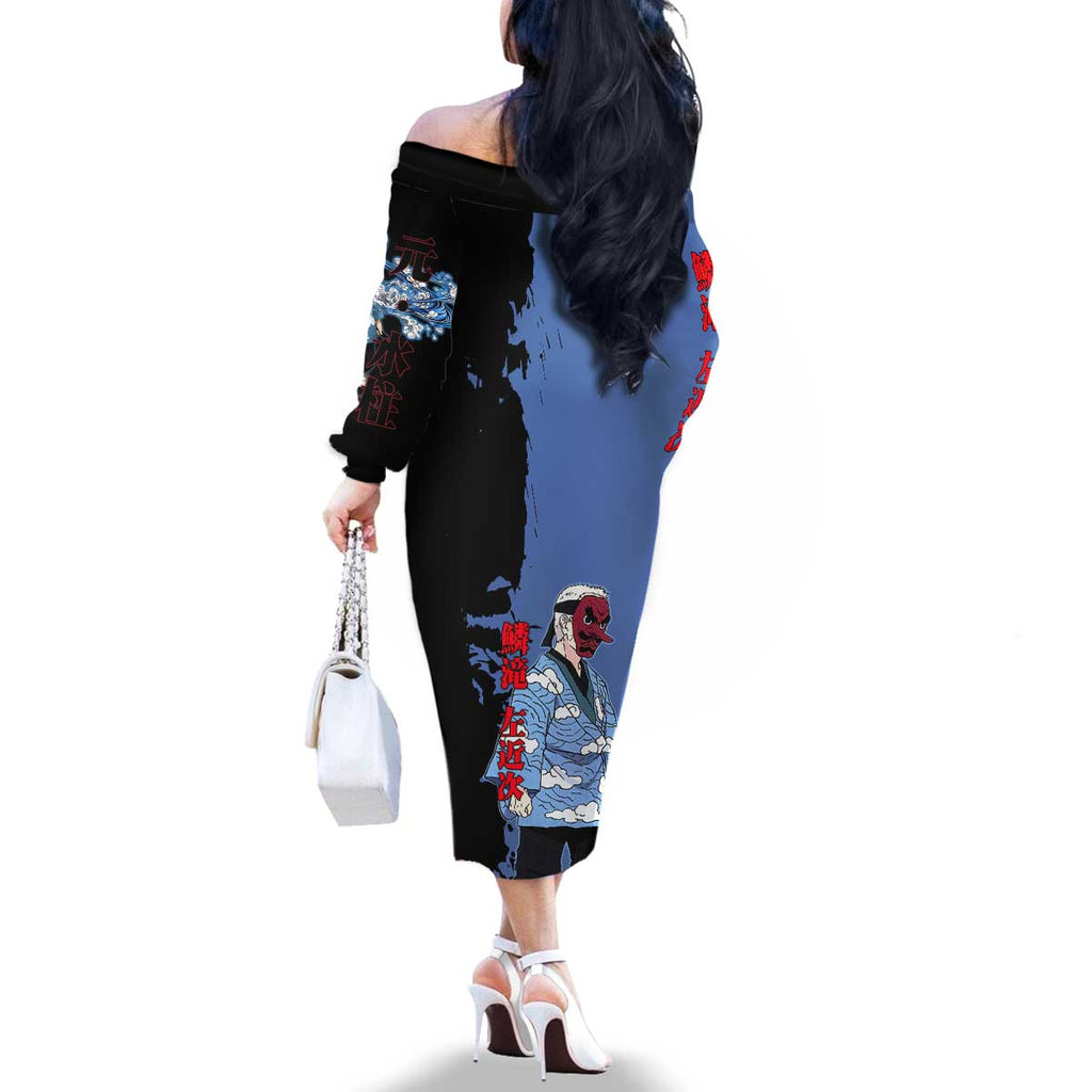 Sakonji Urokodaki from Demon Slayer Family Matching Off The Shoulder Long Sleeve Dress and Hawaiian Shirt with Blue and Black Split Background and Cloud Kimono Water Style Manga Design - The Mazicc