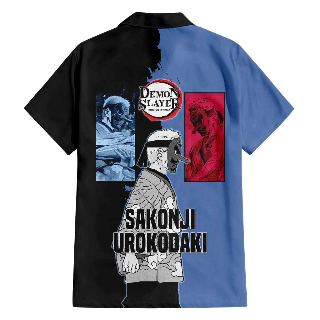 Sakonji Urokodaki from Demon Slayer Family Matching Off Shoulder Maxi Dress and Hawaiian Shirt with Blue and Black Split Background and Cloud Kimono Water Style Manga Design - The Mazicc