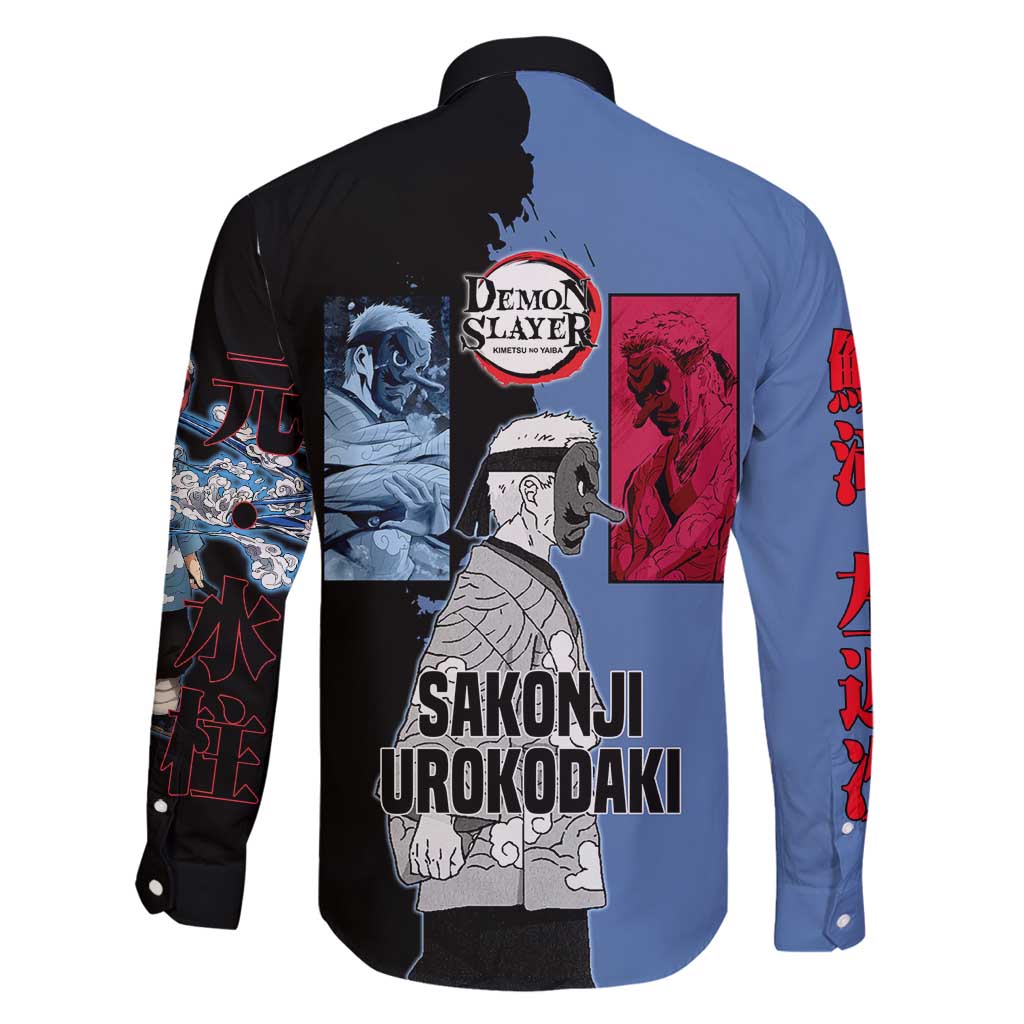Sakonji Urokodaki from Demon Slayer Family Matching Off Shoulder Maxi Dress and Hawaiian Shirt with Blue and Black Split Background and Cloud Kimono Water Style Manga Design - The Mazicc