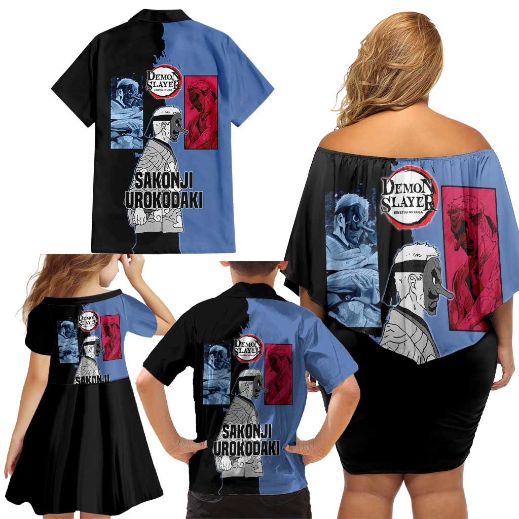 Sakonji Urokodaki from Demon Slayer Family Matching Off Shoulder Short Dress and Hawaiian Shirt with Blue and Black Split Background and Cloud Kimono Water Style Manga Design - The Mazicc