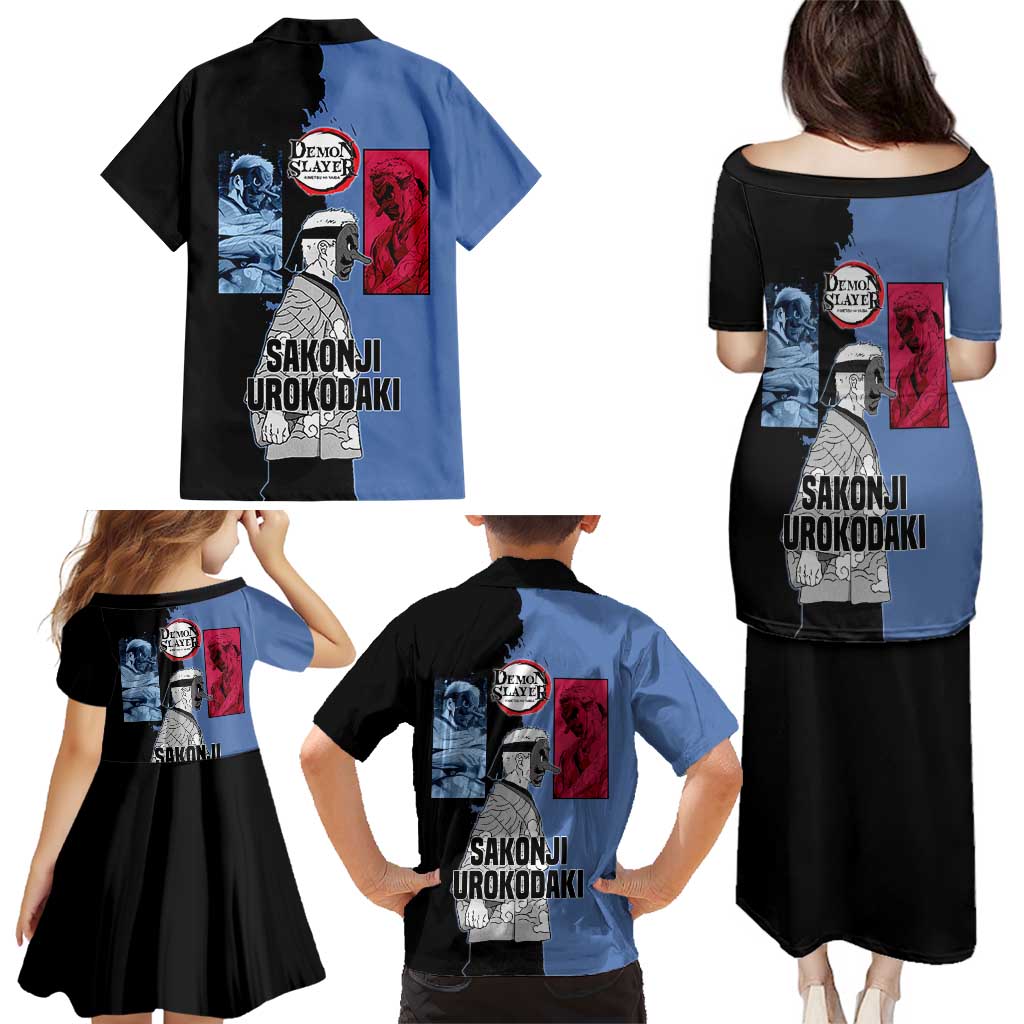 Sakonji Urokodaki from Demon Slayer Family Matching Puletasi and Hawaiian Shirt with Blue and Black Split Background and Cloud Kimono Water Style Manga Design - The Mazicc