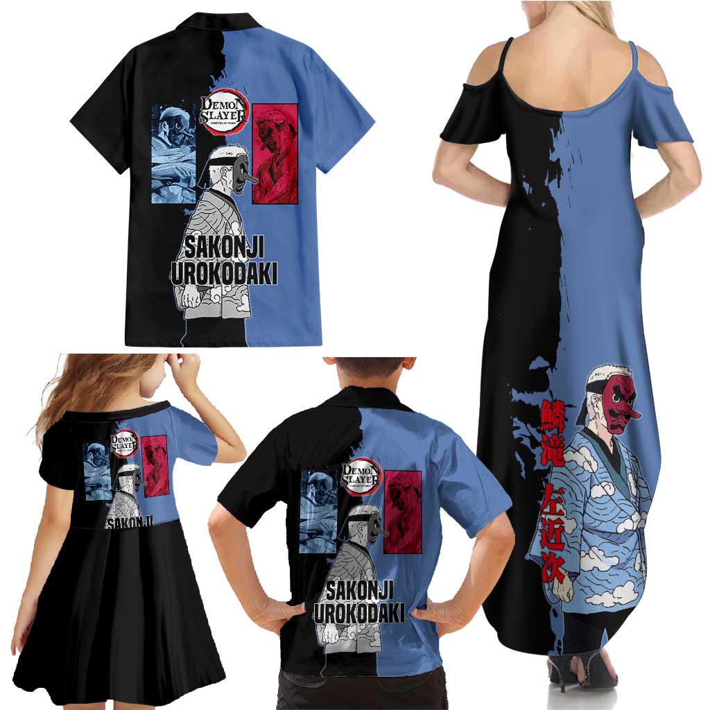 Sakonji Urokodaki from Demon Slayer Family Matching Summer Maxi Dress and Hawaiian Shirt with Blue and Black Split Background and Cloud Kimono Water Style Manga Design - The Mazicc