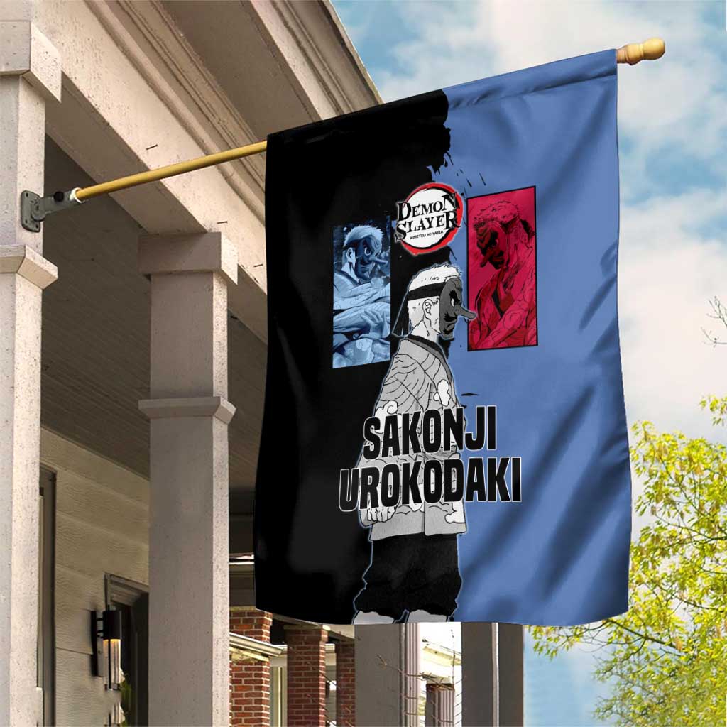 Sakonji Urokodaki from Demon Slayer Garden Flag with Blue and Black Split Background and Cloud Kimono Water Style Manga Design - The Mazicc