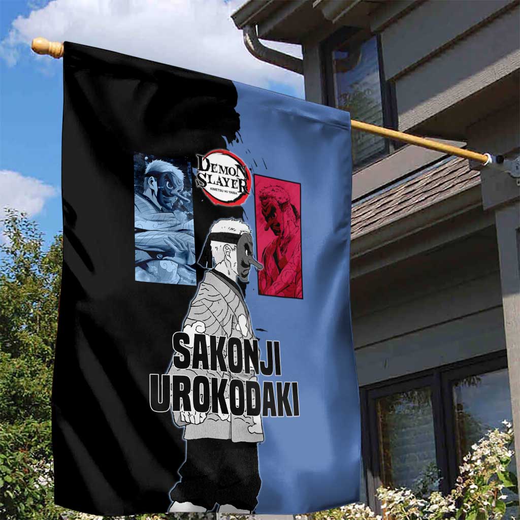Sakonji Urokodaki from Demon Slayer Garden Flag with Blue and Black Split Background and Cloud Kimono Water Style Manga Design - The Mazicc