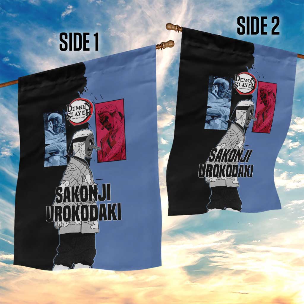 Sakonji Urokodaki from Demon Slayer Garden Flag with Blue and Black Split Background and Cloud Kimono Water Style Manga Design - The Mazicc