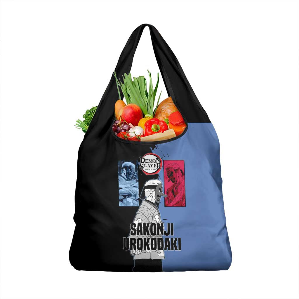 Sakonji Urokodaki from Demon Slayer Grocery Bag with Blue and Black Split Background and Cloud Kimono Water Style Manga Design - The Mazicc