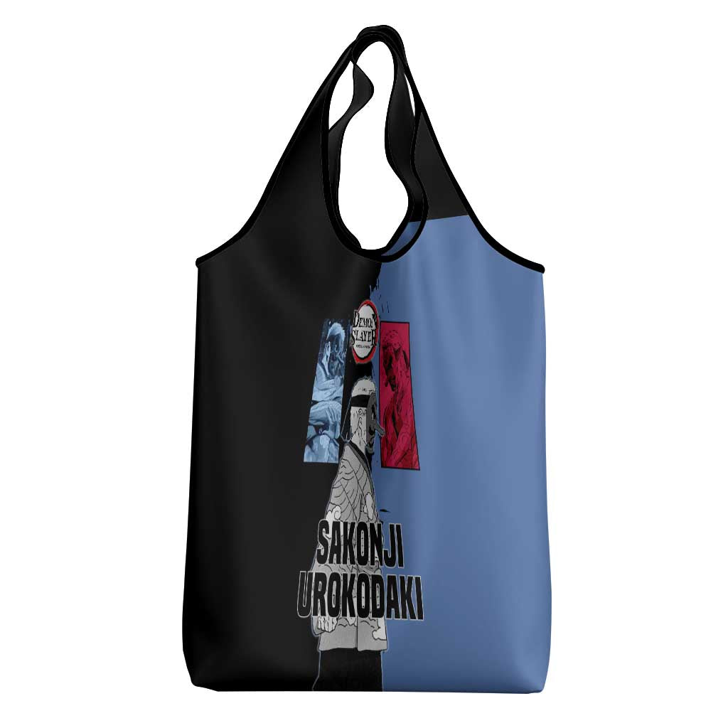 Sakonji Urokodaki from Demon Slayer Grocery Bag with Blue and Black Split Background and Cloud Kimono Water Style Manga Design - The Mazicc