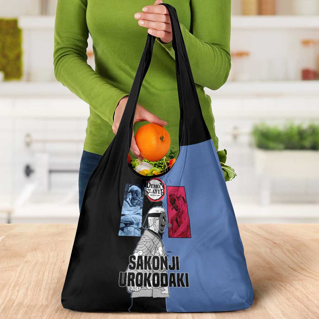 Sakonji Urokodaki from Demon Slayer Grocery Bag with Blue and Black Split Background and Cloud Kimono Water Style Manga Design - The Mazicc