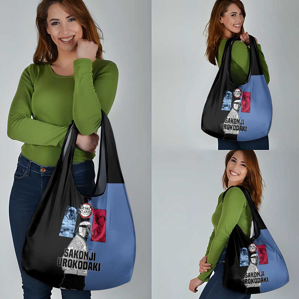Sakonji Urokodaki from Demon Slayer Grocery Bag with Blue and Black Split Background and Cloud Kimono Water Style Manga Design - The Mazicc