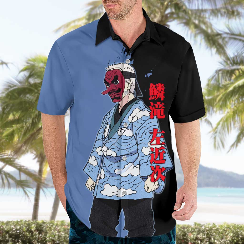 Sakonji Urokodaki from Demon Slayer Hawaiian Shirt with Blue and Black Split Background and Cloud Kimono Water Style Manga Design - The Mazicc