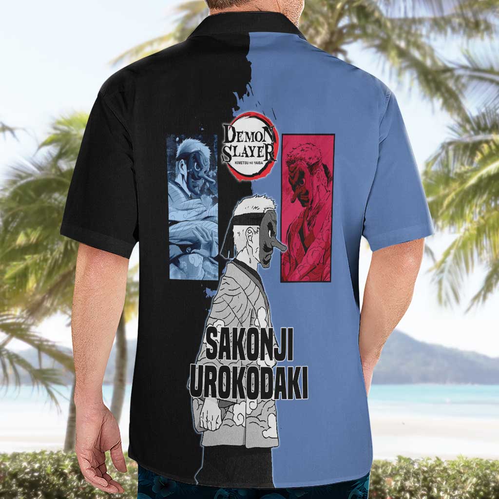 Sakonji Urokodaki from Demon Slayer Hawaiian Shirt with Blue and Black Split Background and Cloud Kimono Water Style Manga Design - The Mazicc