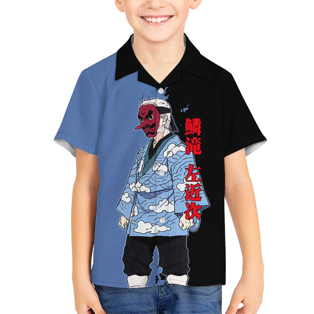 Sakonji Urokodaki from Demon Slayer Hawaiian Shirt with Blue and Black Split Background and Cloud Kimono Water Style Manga Design - The Mazicc