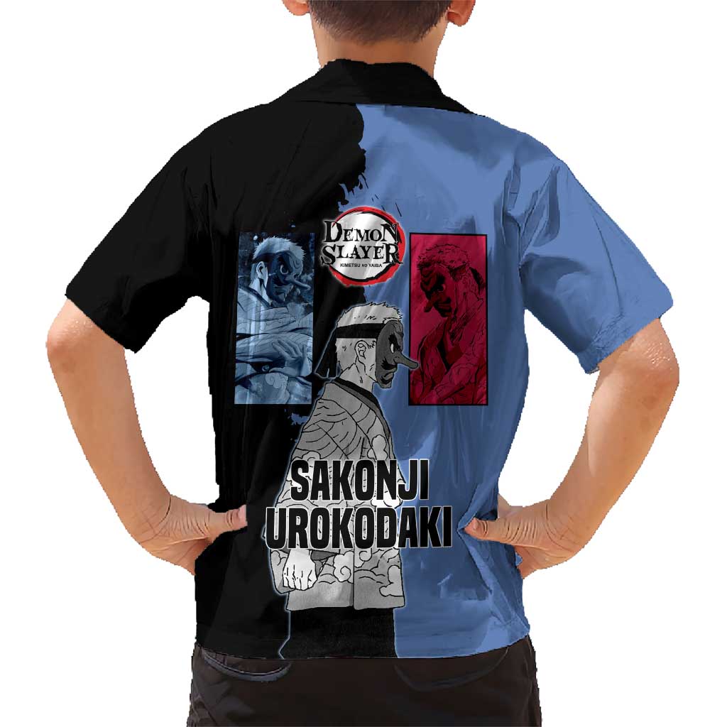 Sakonji Urokodaki from Demon Slayer Hawaiian Shirt with Blue and Black Split Background and Cloud Kimono Water Style Manga Design - The Mazicc