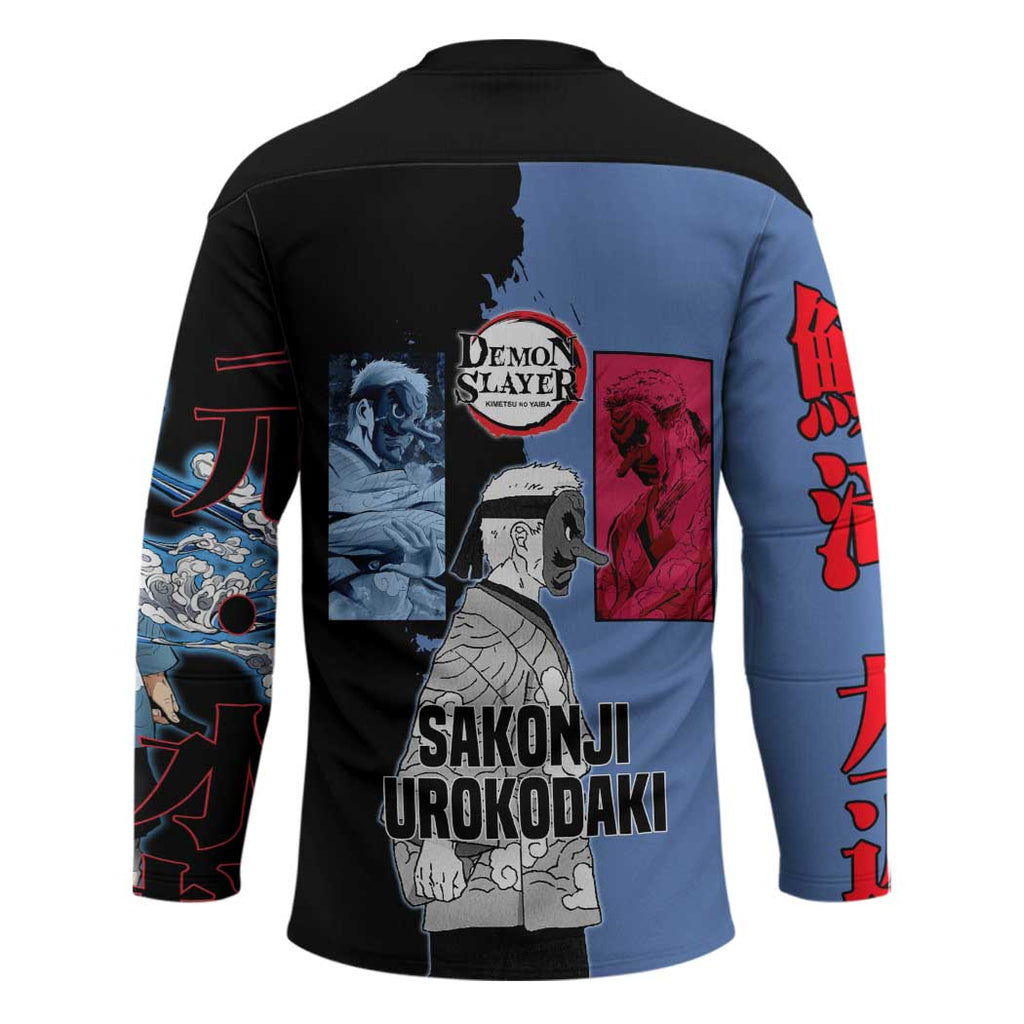 Sakonji Urokodaki from Demon Slayer Hockey Jersey with Blue and Black Split Background and Cloud Kimono Water Style Manga Design - The Mazicc
